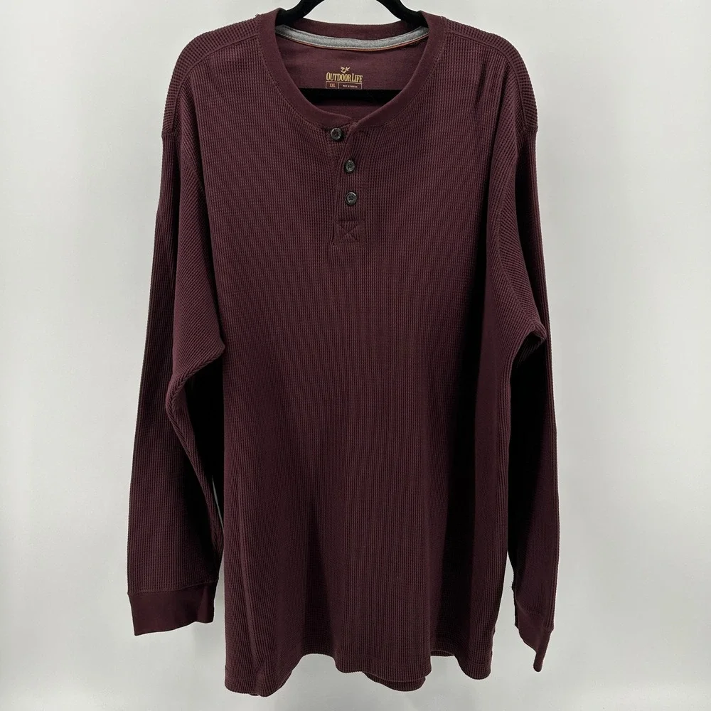 Outdoor Life Burgundy Waffle Knit Long Sleeve Henley Shirt Men XXL Casual Rustic